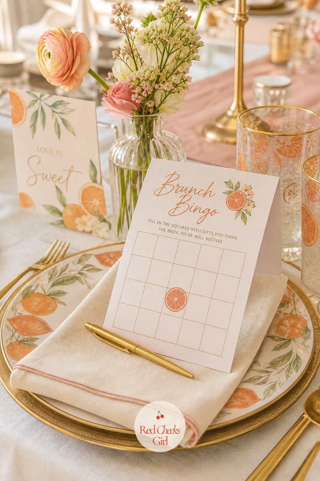 Brunch Bingo Cards At Each Seat — A small folded card waits at every place setting on the long table, printed with brunch themed squares and a tiny gold pen