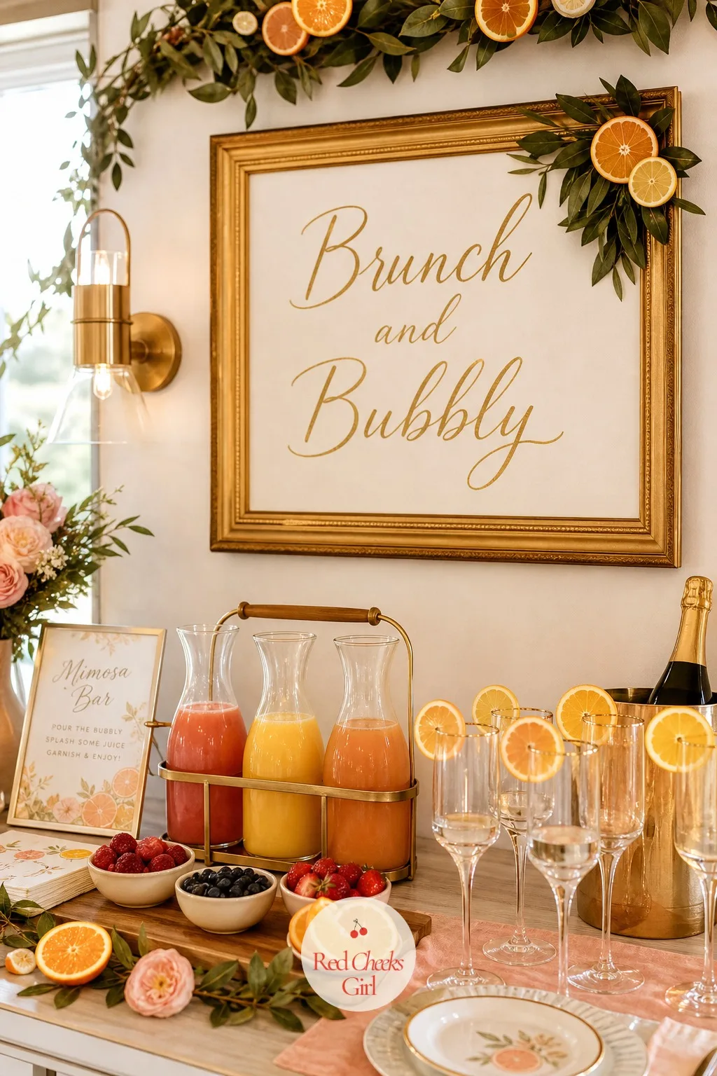 Brunch And Bubbly Sign — Above the mimosa bar, a framed sign announces the whole party in a few gold words, a small citrus sprig tucked into one corner of the