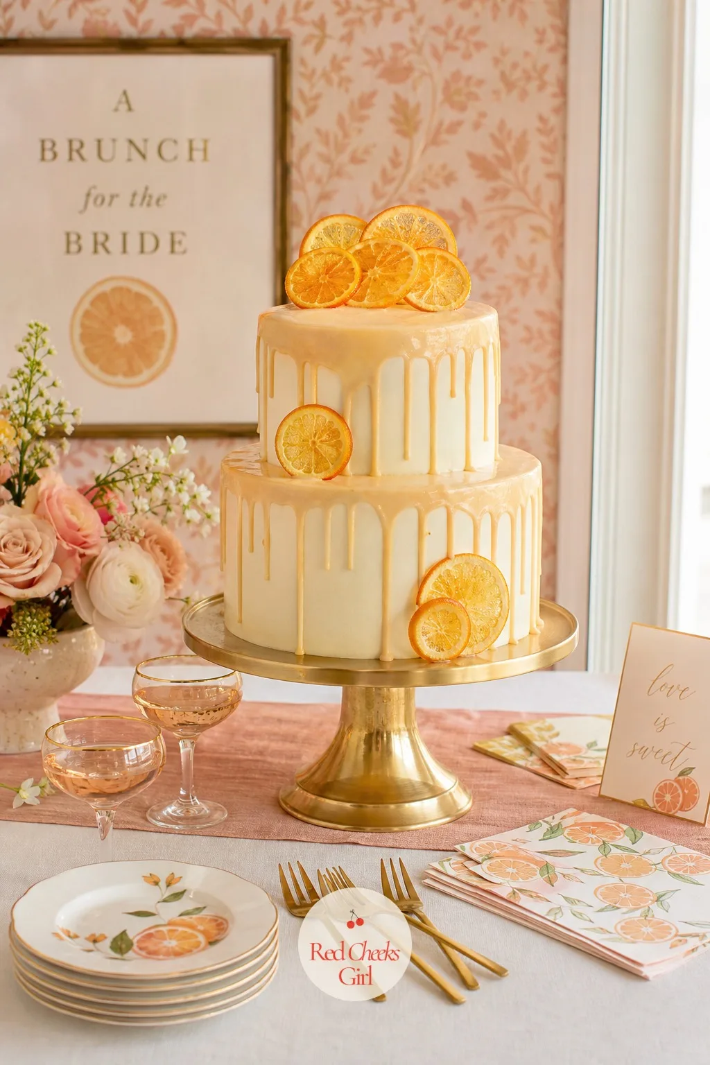 Citrus Champagne Drip Cake — At the center of the sweet table, a two tier cake holds court on its own stand, a pale citrus glaze dripping down the sides and