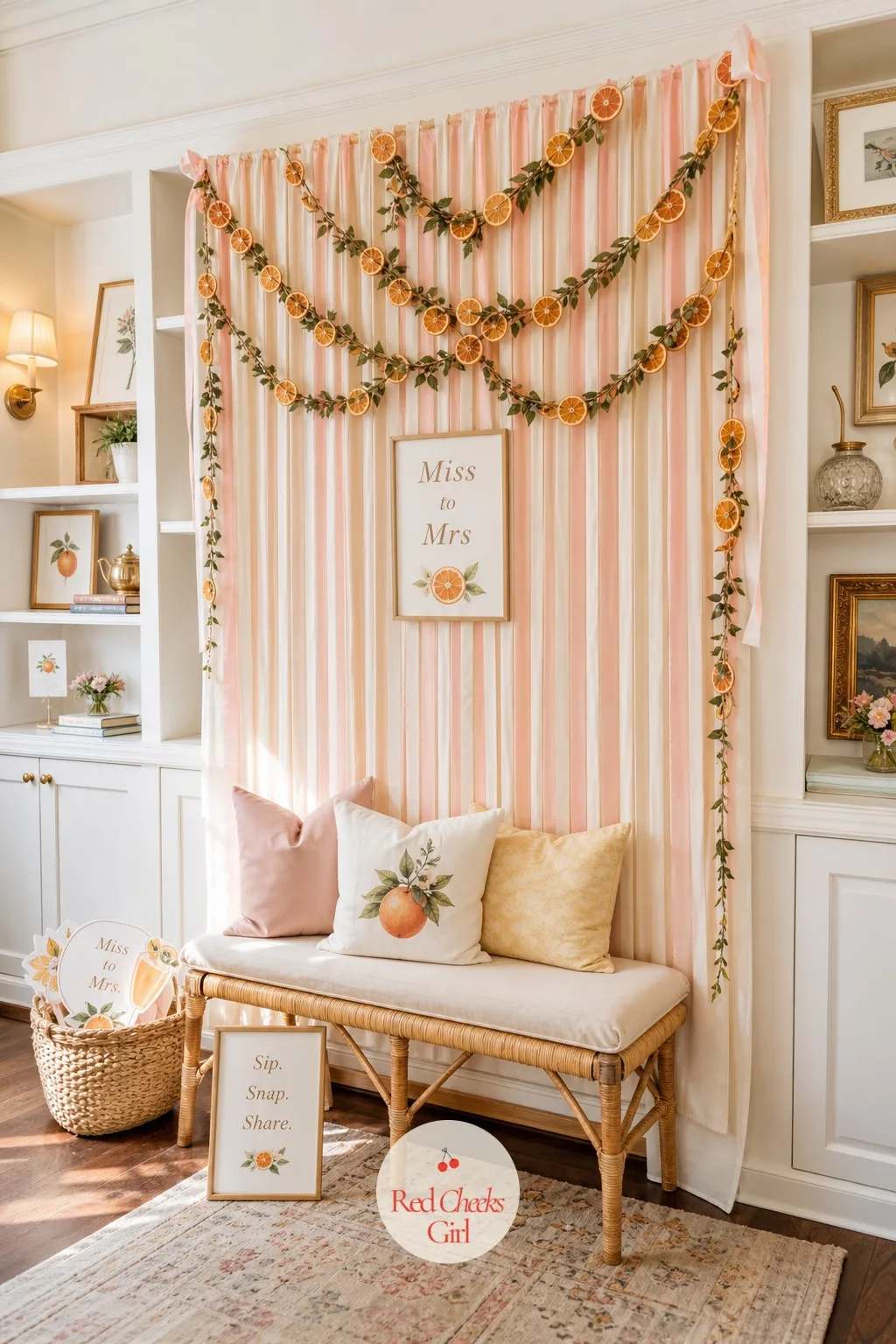 Citrus Photo Corner With Garland Backdrop — A corner of the room gets a soft backdrop of dried citrus and ribbon, a chair or small bench underneath for guests