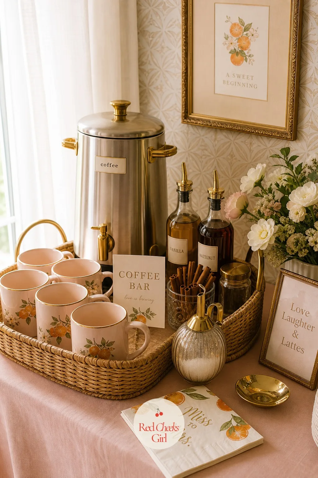 Coffee Bar — Tucked near a window, a tray of carafes and mugs gives the room somewhere to land once the mimosas have been poured and the morning gets quieter.