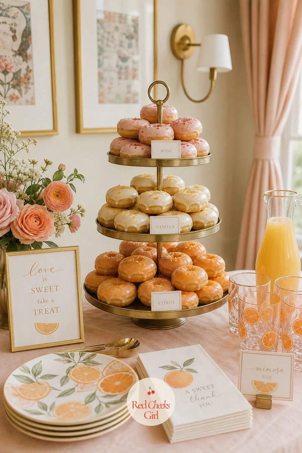 Donut Tower — Beside the cake, a tiered stand climbs with mini donuts in three shades of icing, small tags tucked at the base naming each flavor. Brunch bridal