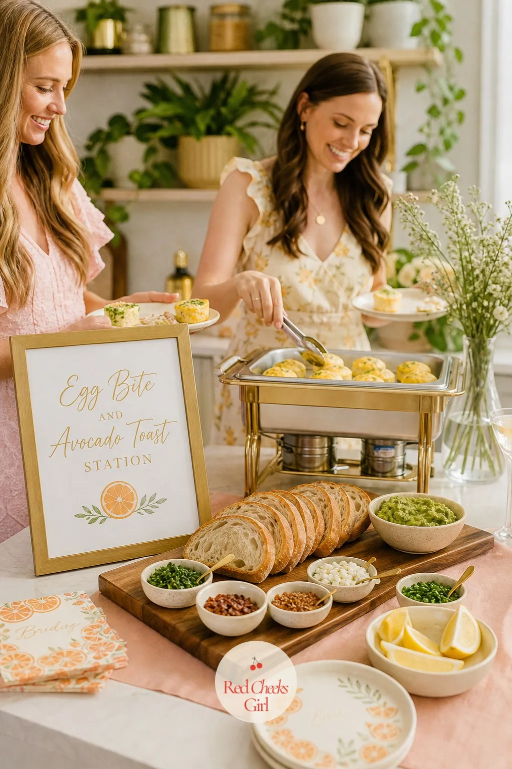 Egg Bite And Avocado Toast Station — Beside the quiche table, a toast bar gives guests something warm and savory that is not sweet, a stack of sliced sourdough