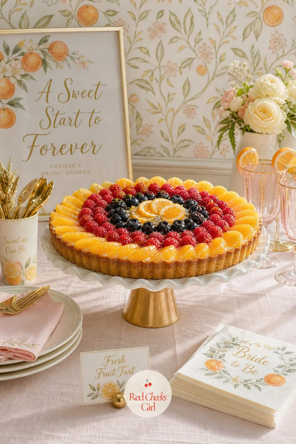 Fruit Tart — On its own stand near the cake, a glossy fruit tart sits with citrus segments and berries arranged in careful rings, the glaze catching the light.