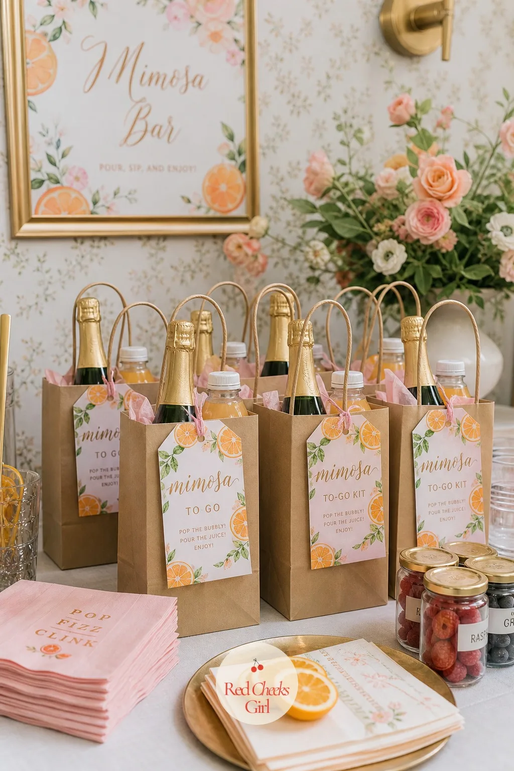 To Go Mimosa Kit Favor — Beside the jam jars, a small stack of kraft bags holds a mini bottle of bubbly and a tiny juice to go with it, a citrus tag tied to