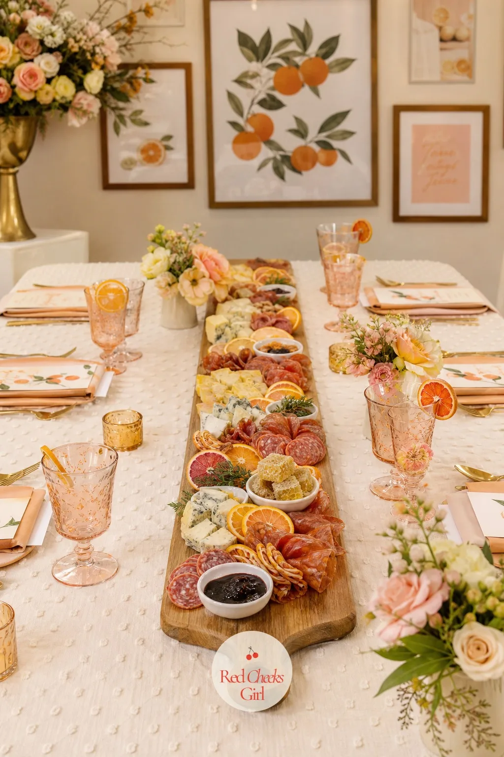 Grazing Board — A long board takes the center of its own table or counter, cheeses and cured meats fanned in loose rows with fruit and nuts filling the gaps.