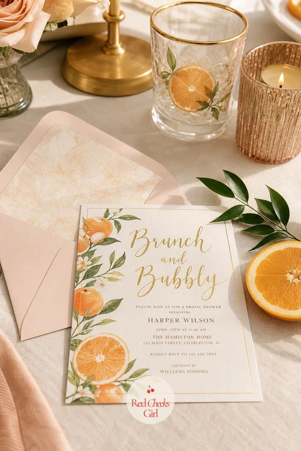 Invitation — Before any of it happens, the invitation arrives in the mailbox: a citrus illustration across the front, gold foil lettering, and an envelope