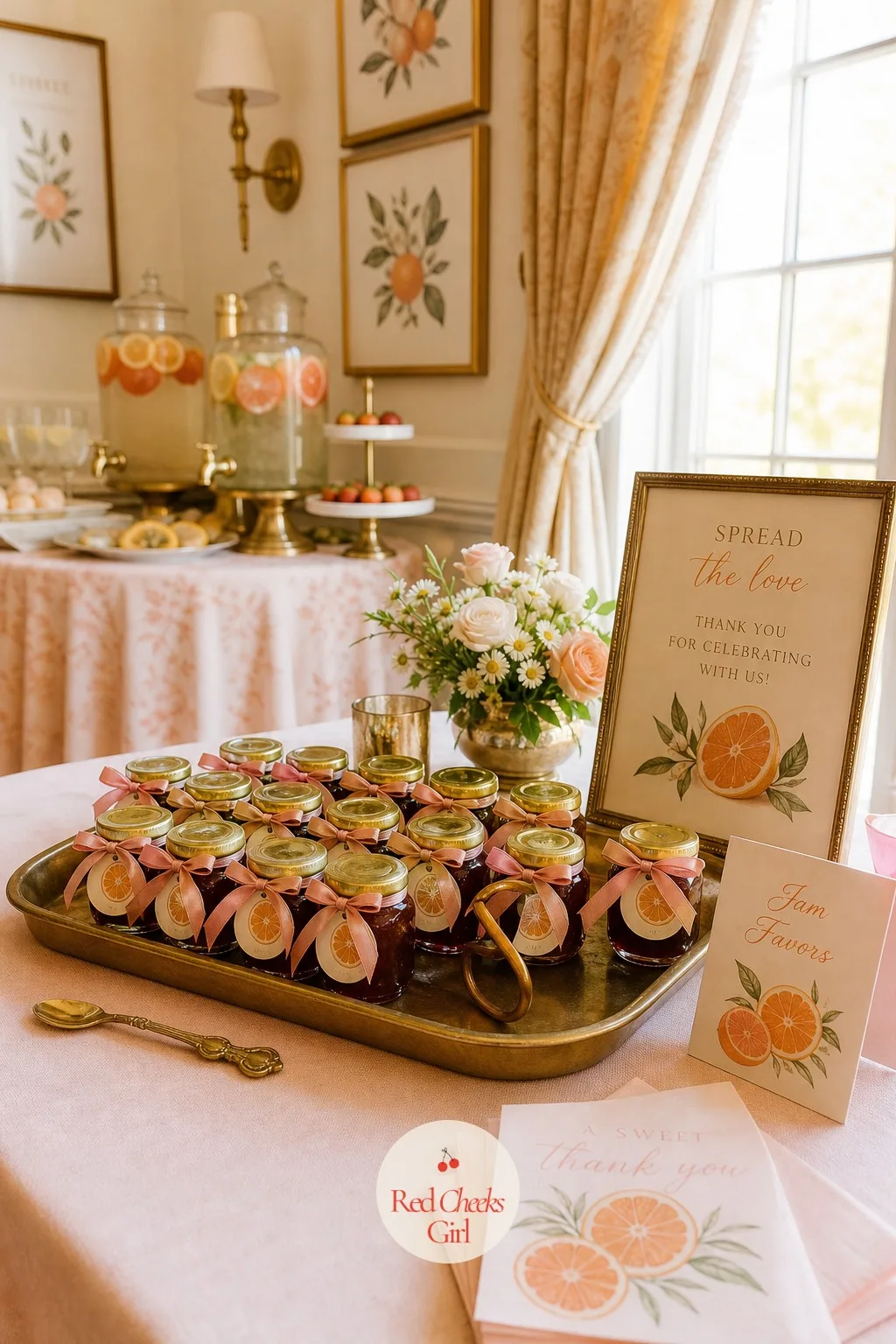 Jam Jar Favors — Near the door, small jam jars line up on a tray, each one labeled in the same citrus print and tied with a bit of ribbon, a tiny spoon tucked
