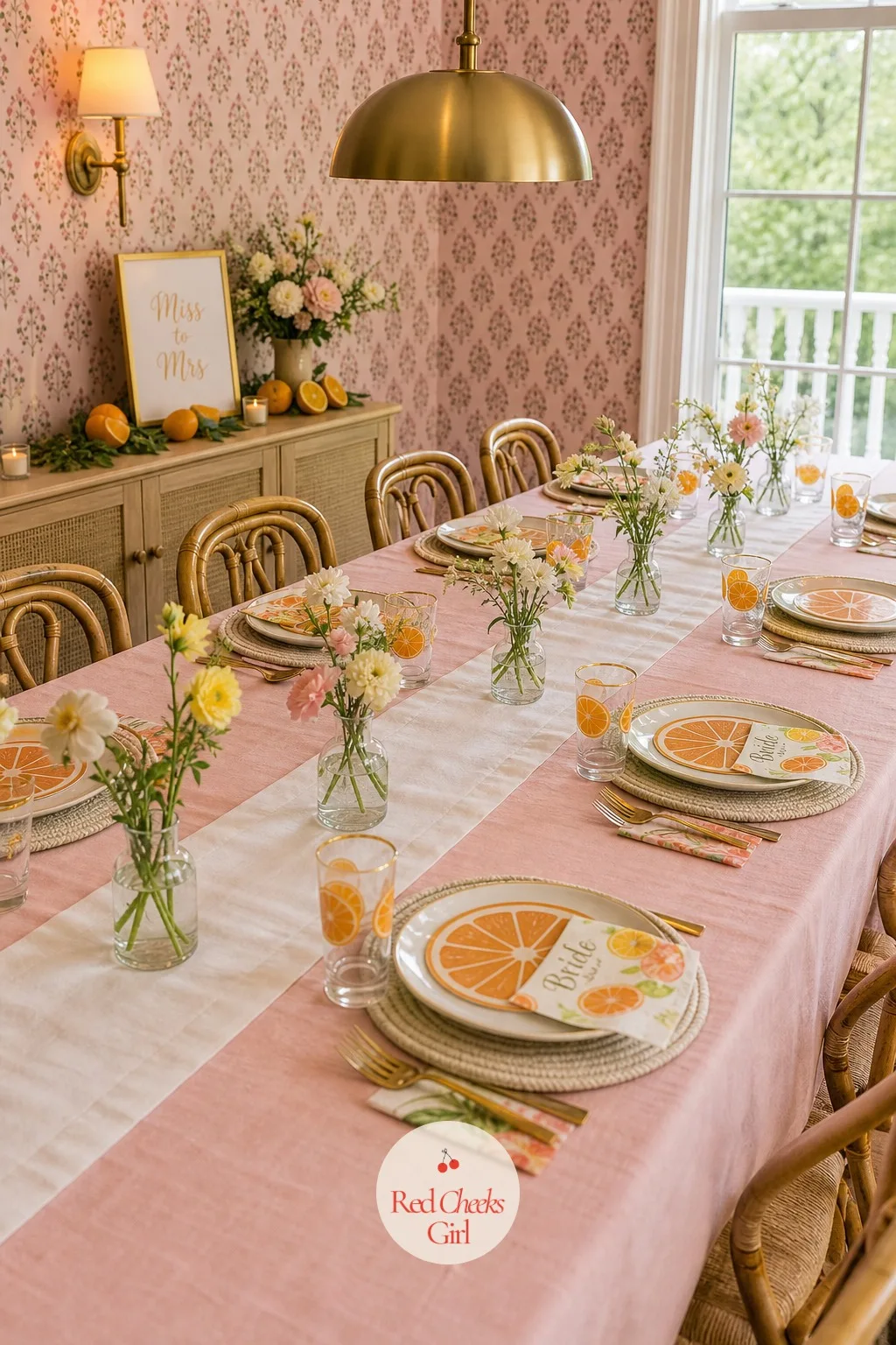 Long Brunch Table With Pressed Cotton Tablecloths And Bud Vases — Once the stations have been visited, guests settle at a long table dressed in soft, pressed