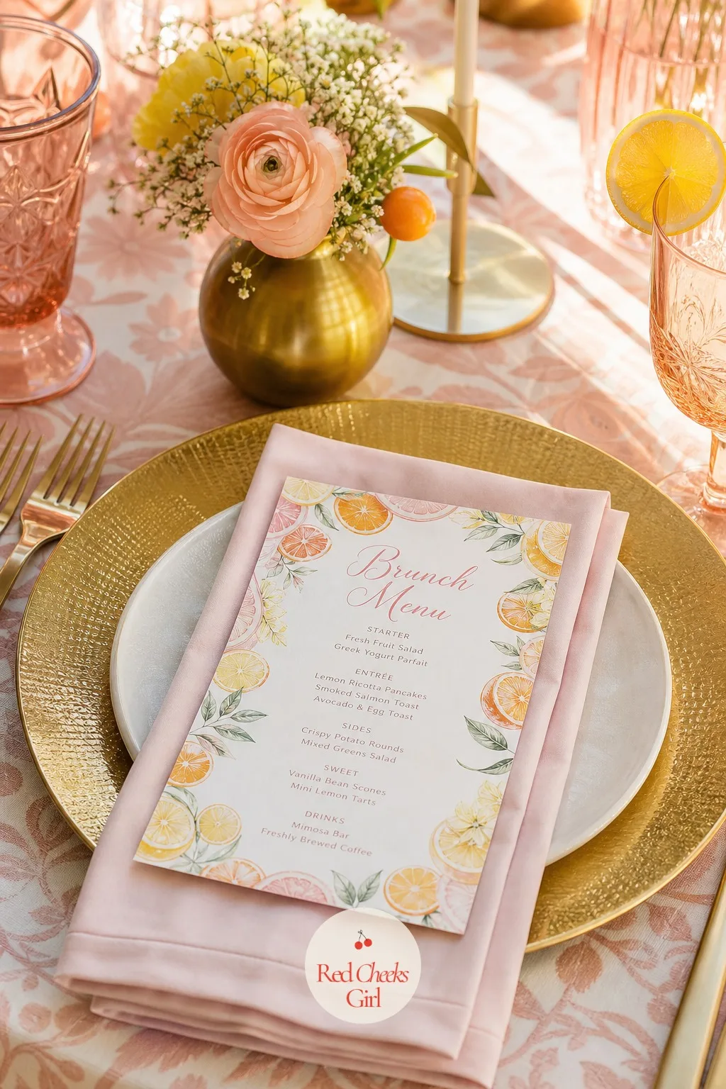 Menu Cards — At each place setting, a small card lists the stations by name, a thin citrus illustration running along the border. Brunch bridal shower ideas