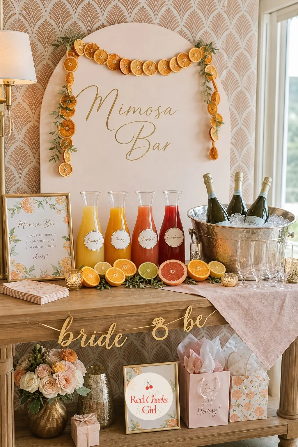 Mimosa Bar With Juices And Fruit — This is the first thing anyone sees walking in, so give it the best light in the room. Brunch bridal shower ideas