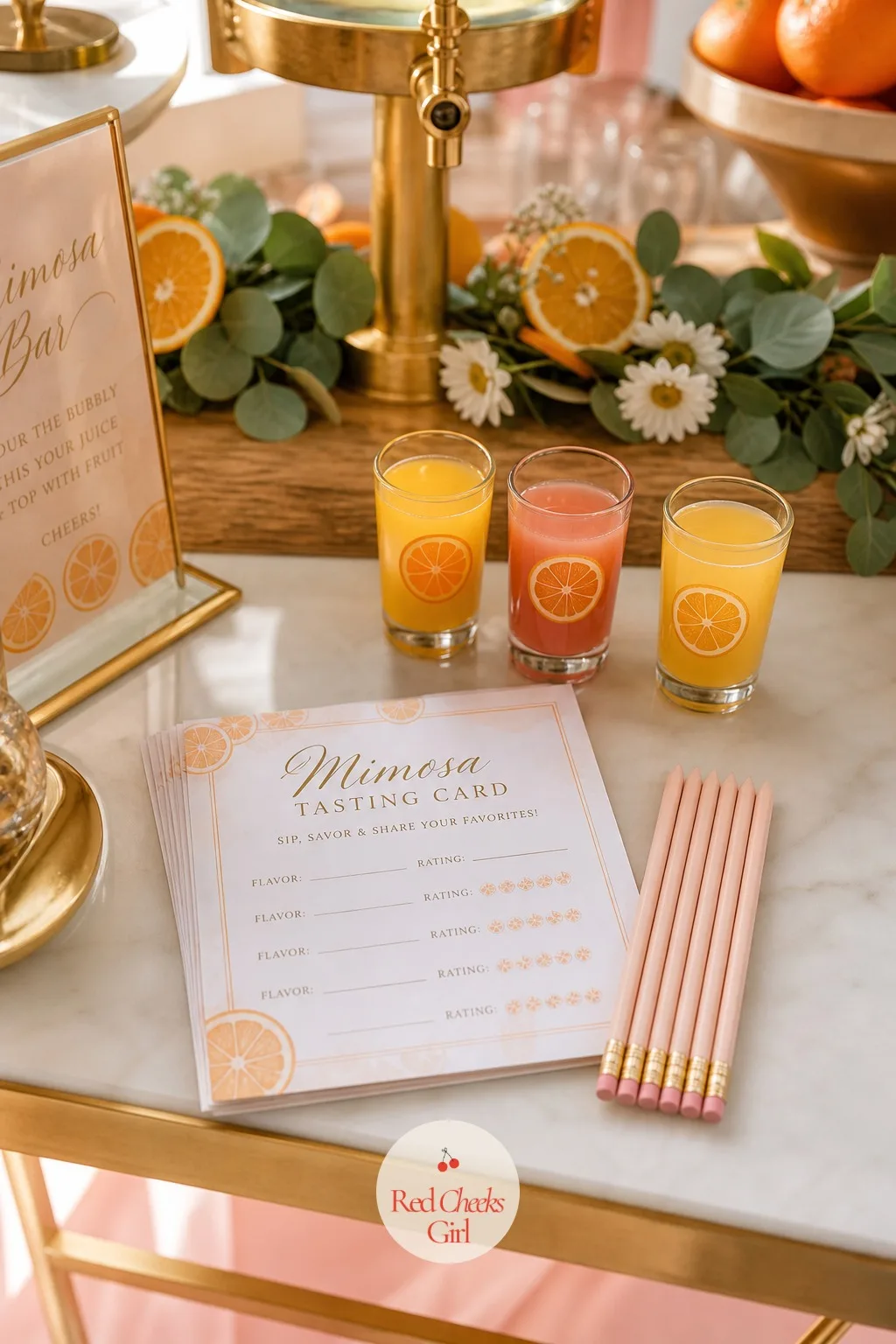 Mimosa Flight Tasting Cards — Small printed cards sit at the mimosa bar, waiting for guests to pour, taste and rank three different juice pairings before the