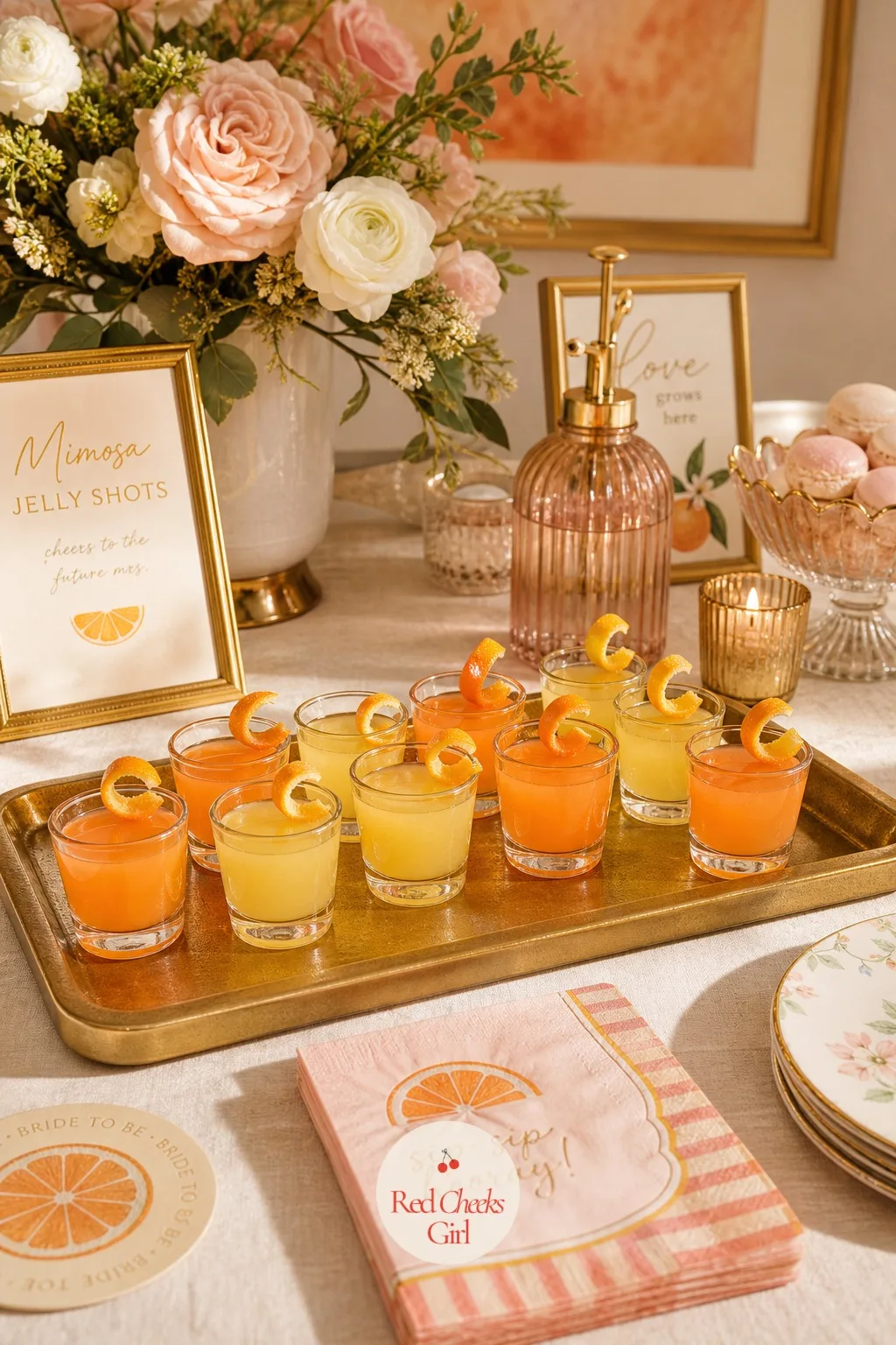 Mimosa Jelly Shot Flight — A small tray near the dessert table holds rows of citrus colored jelly shots in little glass cups, each one garnished with a twist