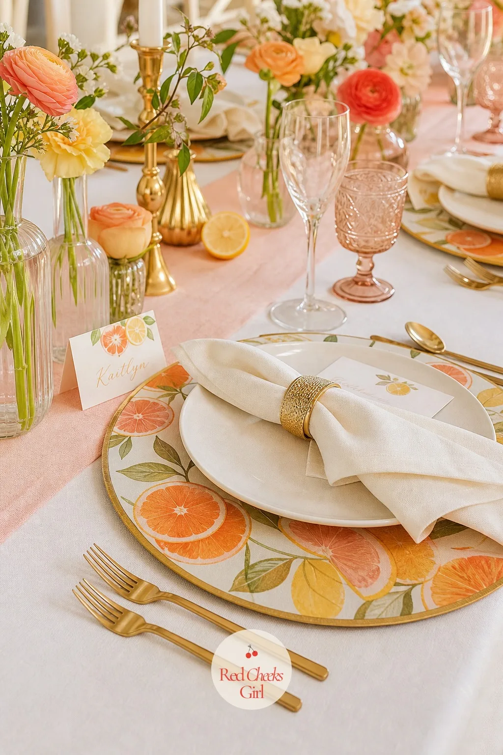 Place Settings With Citrus Print Chargers And Folded Napkins — At each seat, a citrus printed charger sits under the dinner plate, a cotton napkin folded