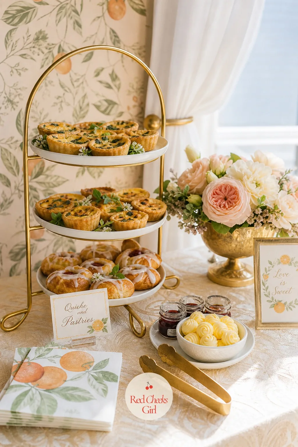 Quiche And Pastries Table — A tiered stand holds mini quiche on the bottom and croissants, scones and little jam pots stacked above, set on a separate table so