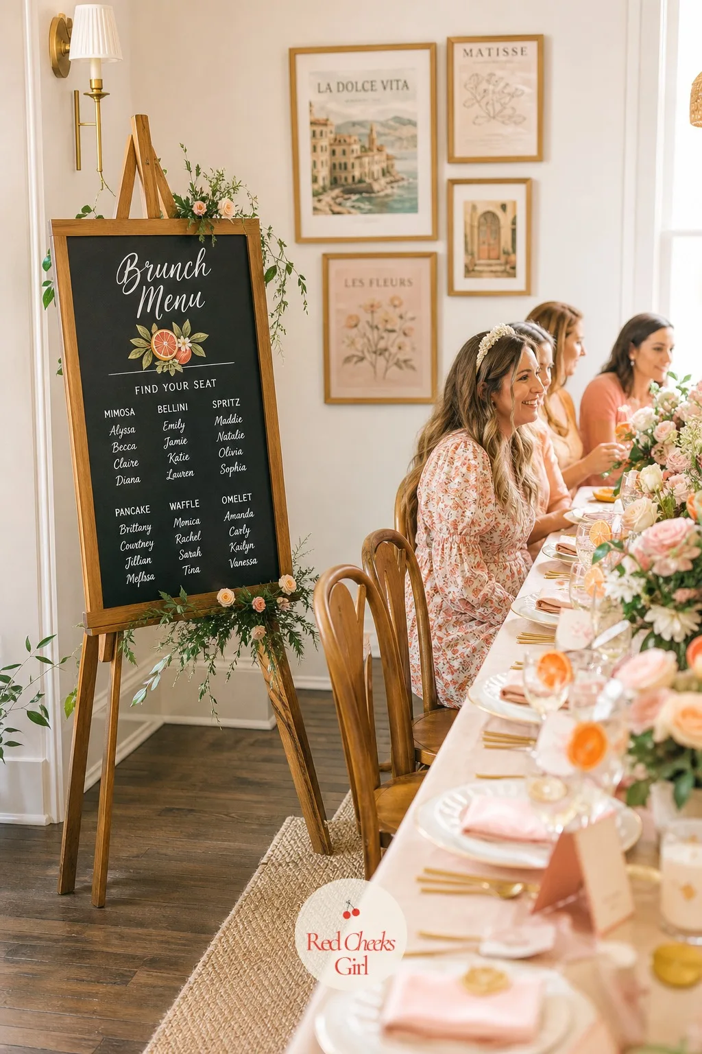 Seating Chart Styled As A Brunch Menu Board — Near the entrance to the long table, an easel holds a chalkboard listing every guest's name the way a restaurant