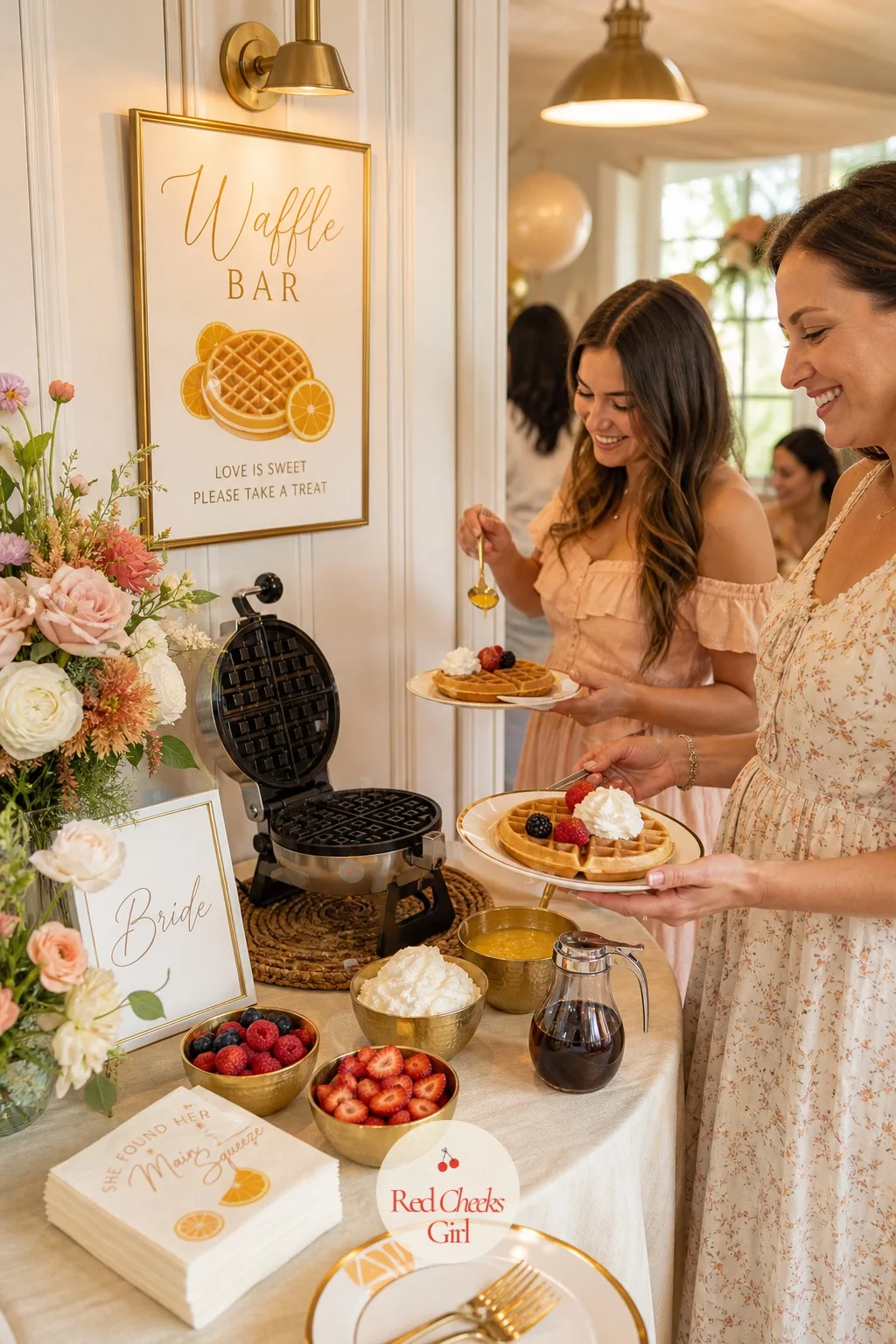 Waffle Station — Right beside the mimosa bar, a waffle iron sits on a trivet with a short stack of plates and a row of toppings in small gold bowls. Brunch