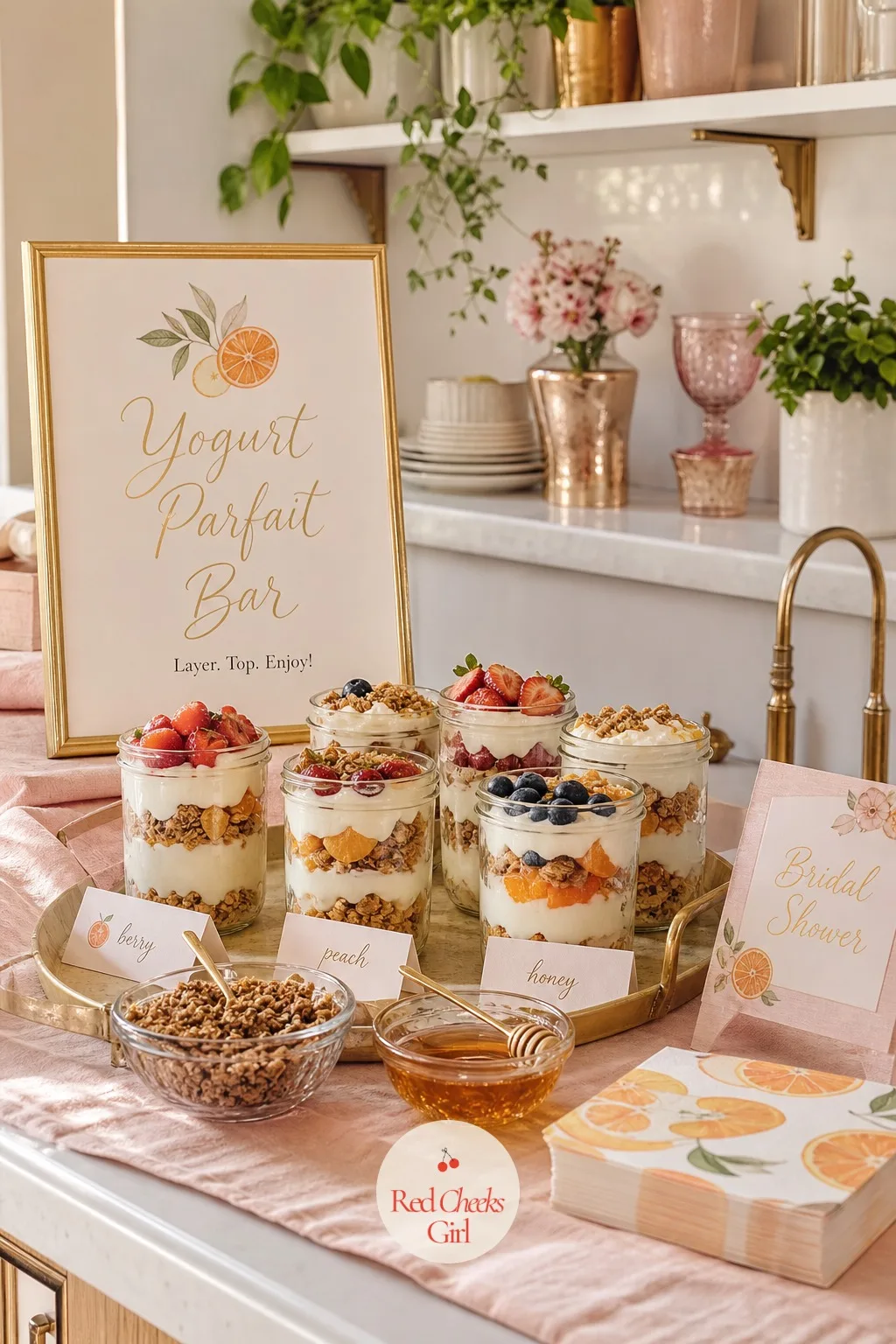 Yogurt Parfait Bar — A smaller corner of the counter holds glass jars already half layered with yogurt and fruit, toppings waiting in bowls for guests to
