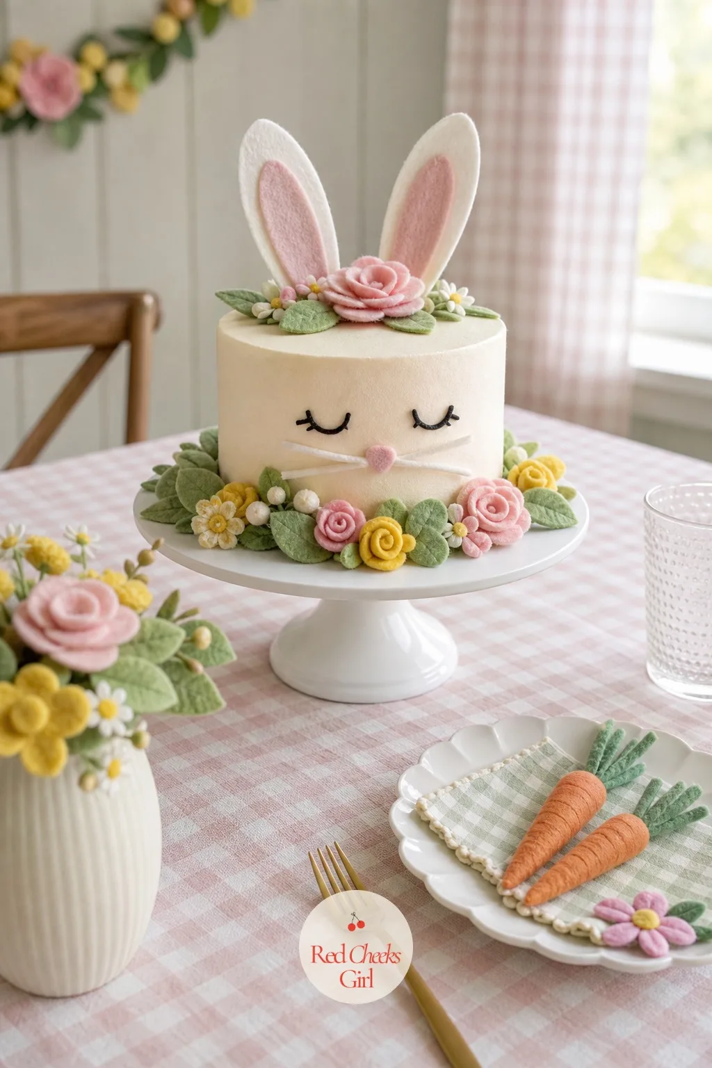 Bunny Cake on a Stand — The cake carries the whole theme if nothing else does, so let it stand somewhere it can actually be seen. Bunny birthday party