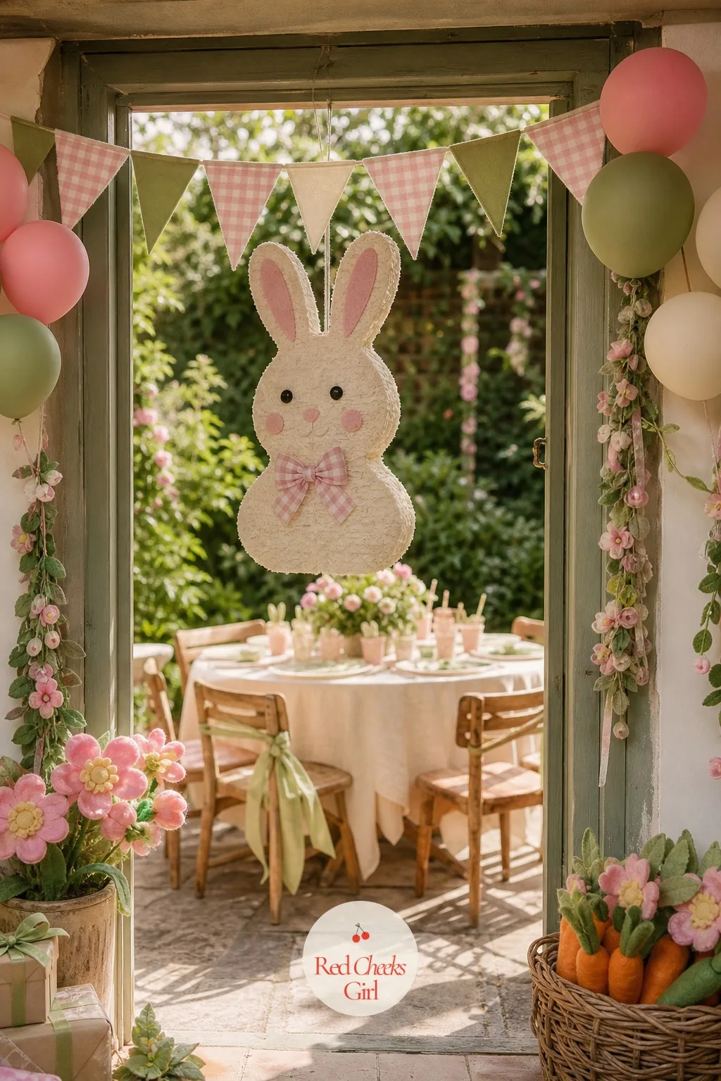 Bunny Pinata in a Garden Doorway — Nothing announces a party quite like something hanging from a doorway waiting to be opened. Bunny birthday party
