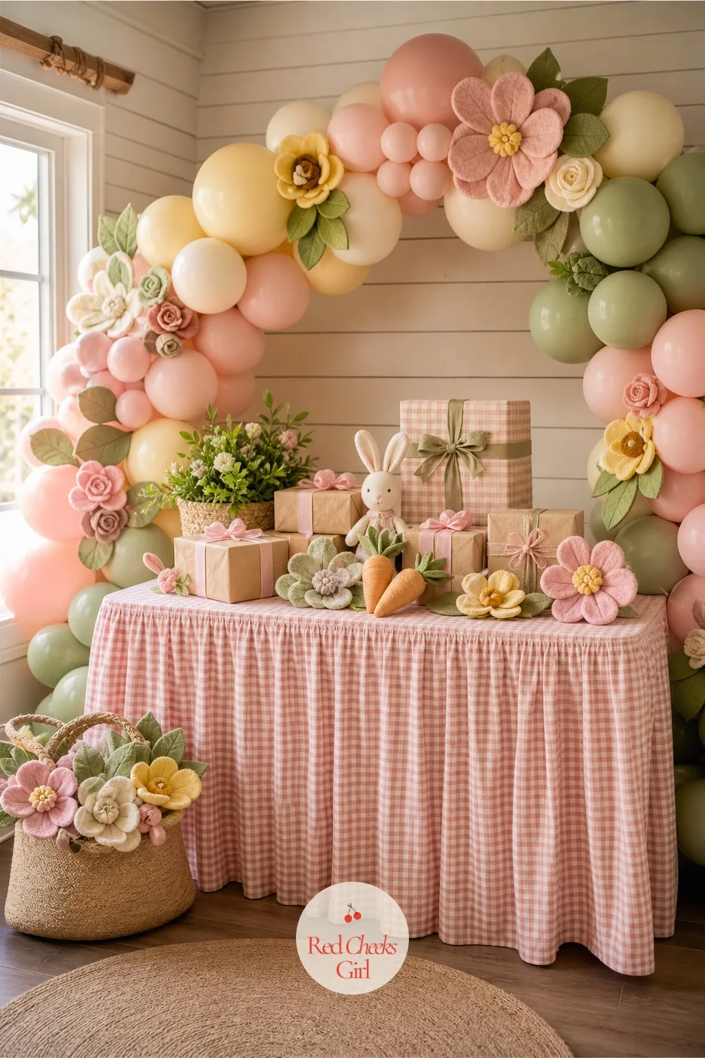 Felt Flower and Balloon Garland Arch — Say no to the single banner strung across a doorway: it photographs as a strip of paper. Bunny birthday party
