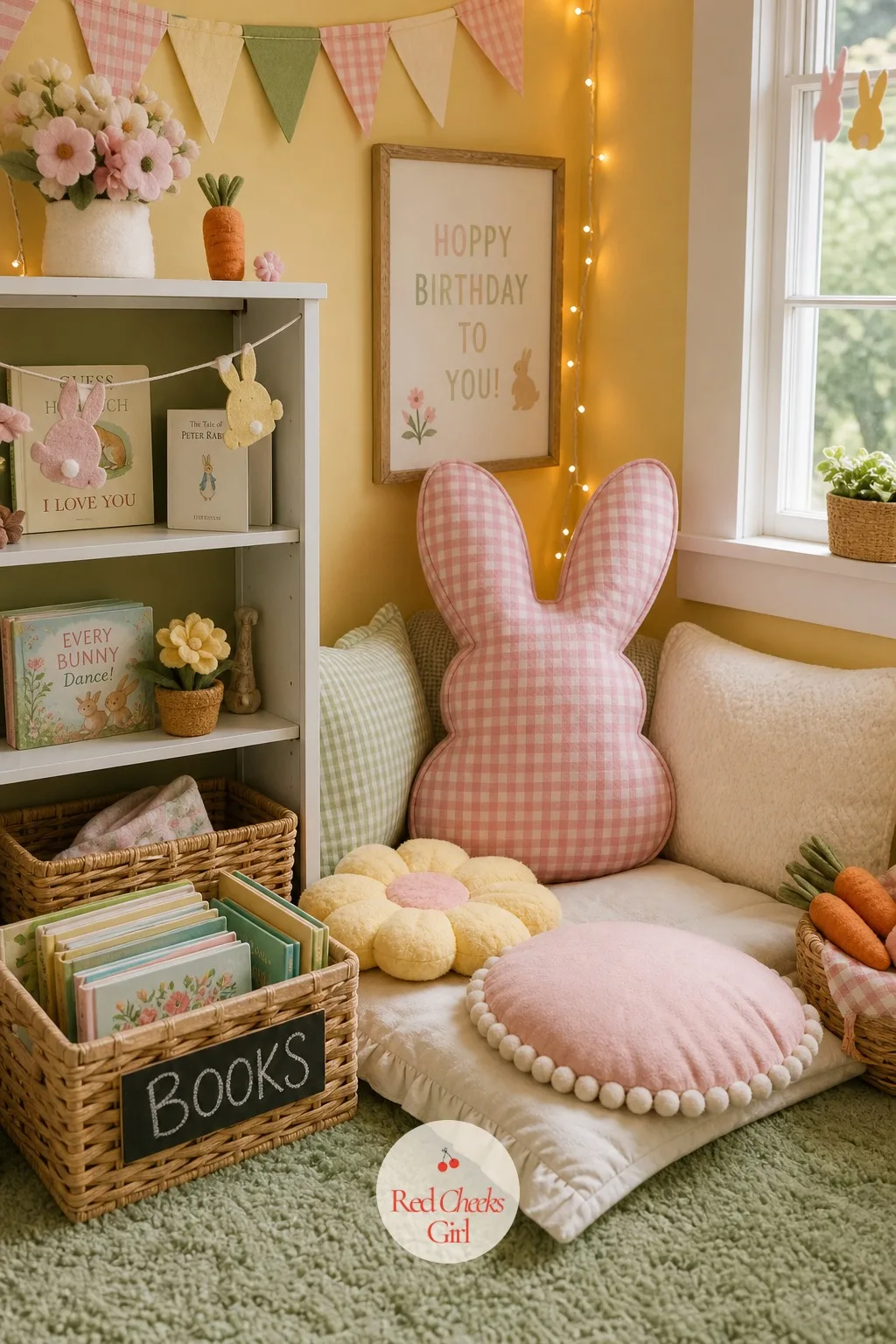 Reading Nook with Gingham Bunny Cushion — Not every child at a one year old's party wants noise. Bunny birthday party