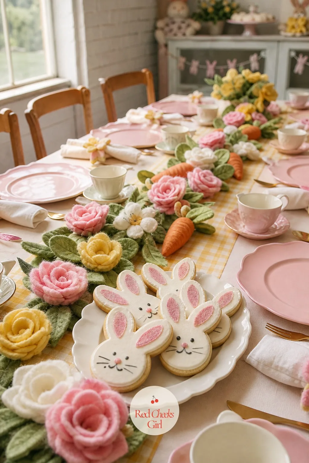 Tea Party Table with Bunny Cookies — A proper tea party table turns even a one year old's party into an occasion, and it costs less than it looks. Bunny