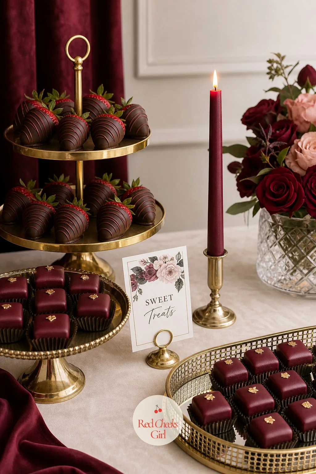 Burgundy and Gold Dessert Table — Next to the birthday cake, a small spread of bite-sized sweets gives guests something to pick at without cutting the cake too