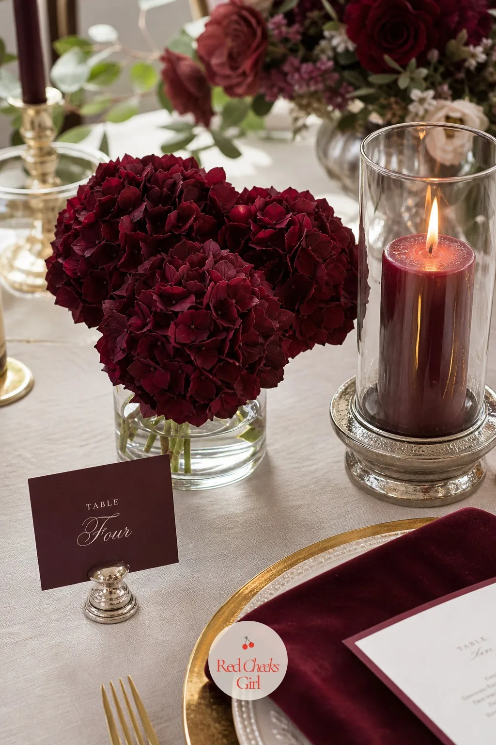 Burgundy Hydrangea Arrangements — Where anthurium gives sharpness, hydrangea gives volume. Burgundy birthday party ideas