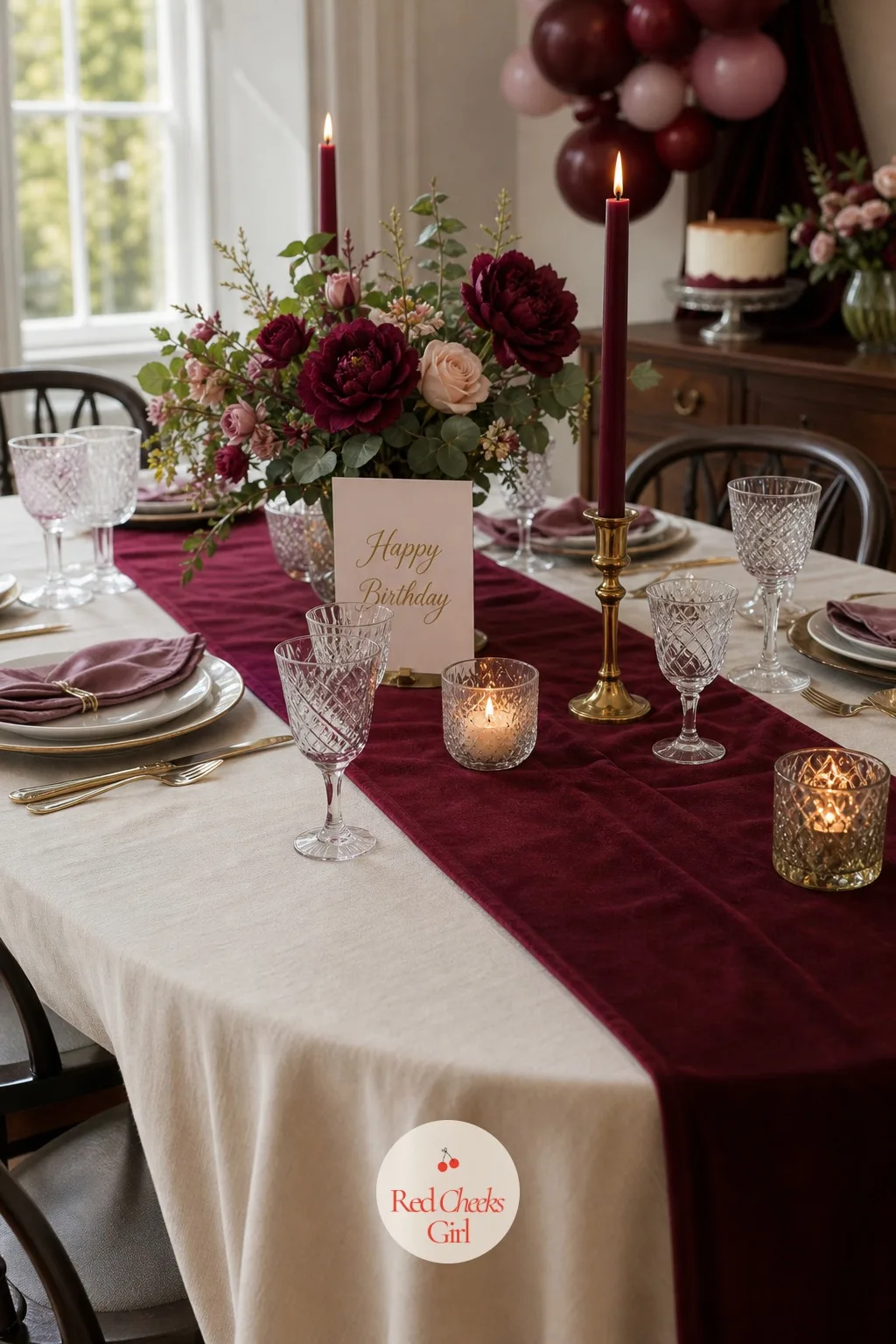 Burgundy Runner Down a Pale Linen Cloth — A plain pale cloth on its own looks like it is waiting for something. Burgundy birthday party ideas