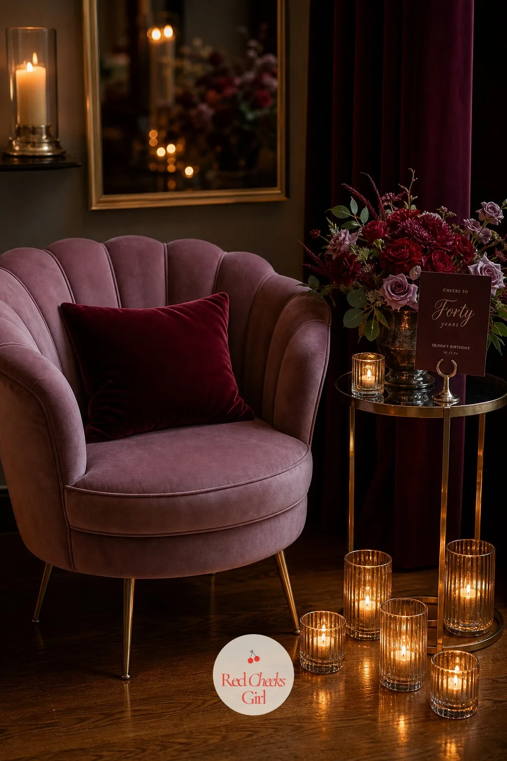 Candlelit Lounge Nook — Not every corner of the room needs a table. Burgundy birthday party ideas
