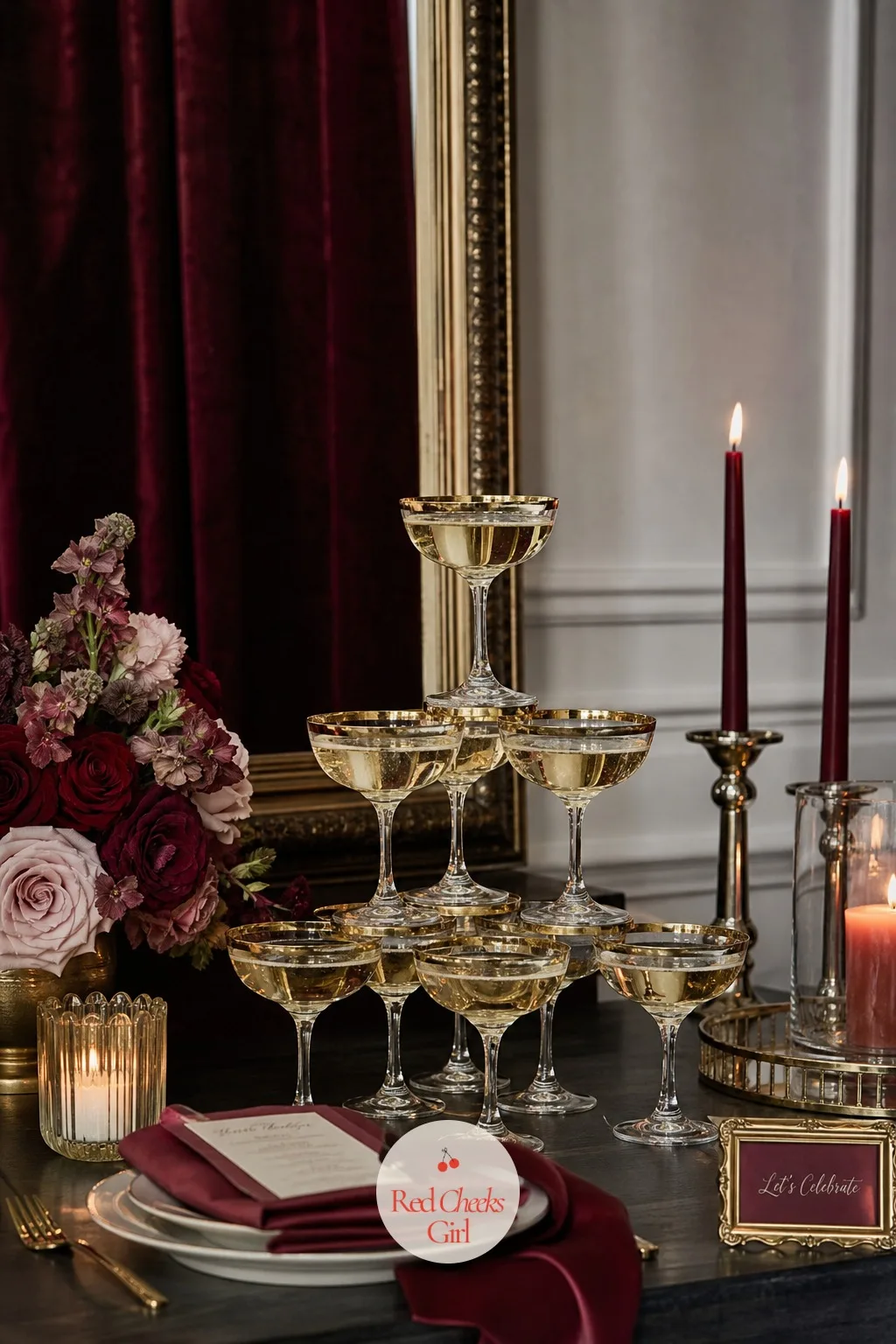 Champagne Coupe Tower — Somebody always wants a reason to pour a drink in front of everyone. Burgundy birthday party ideas