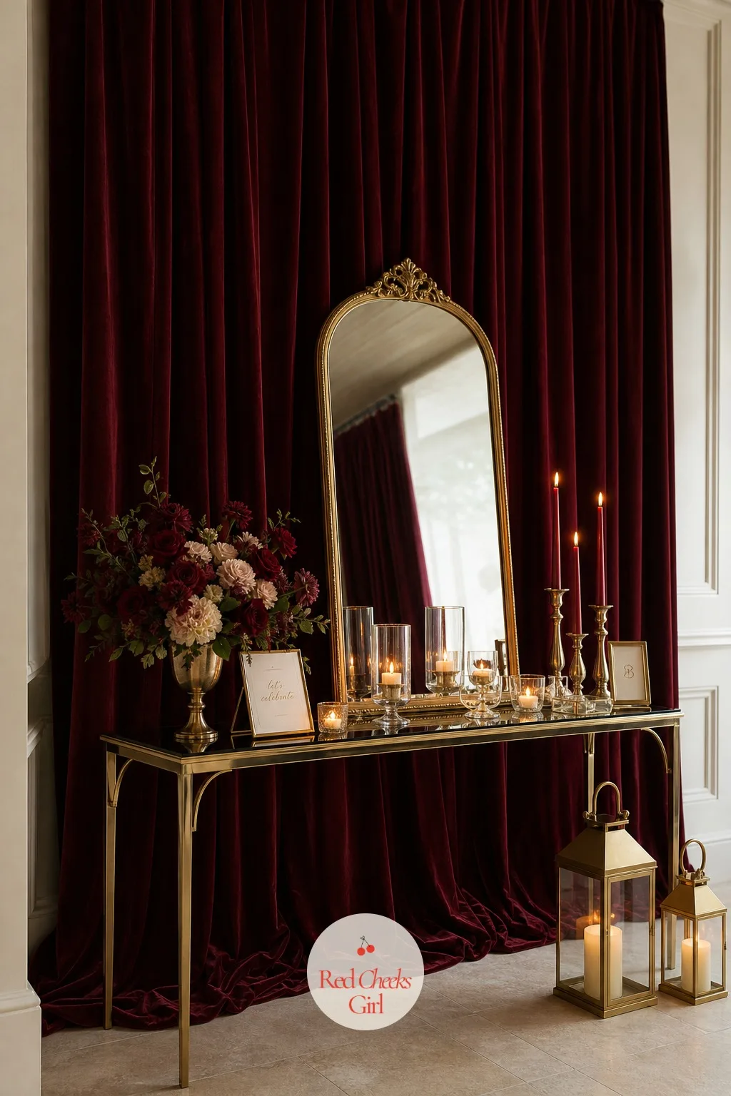 Floor-Length Burgundy Velvet Backdrop — Behind the cake table or the gift pile, a bare wall reads as an afterthought. Burgundy birthday party ideas
