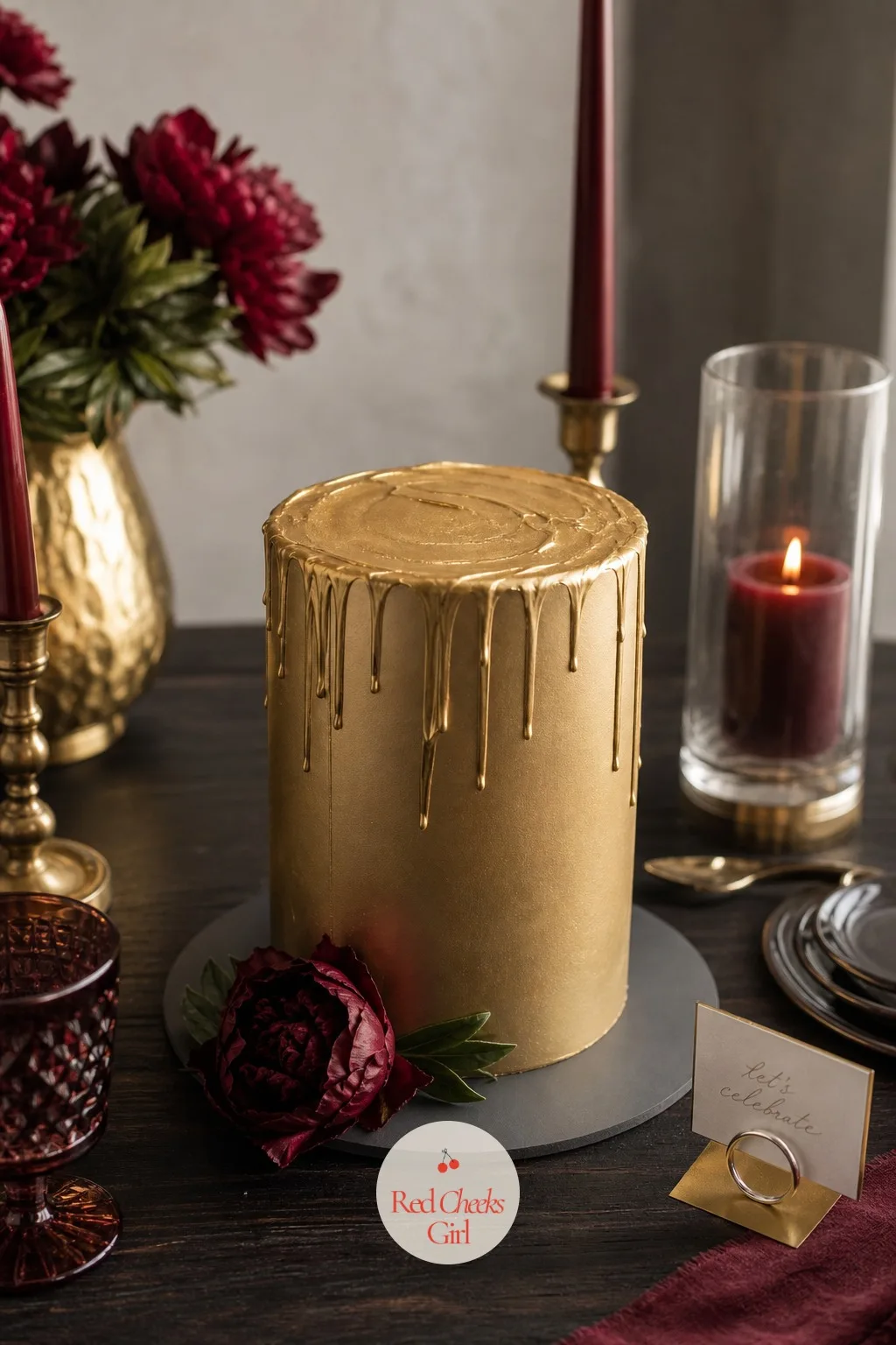 Gold Cake on a Moody Dark Table — Against a dark tablecloth, a cake finished in gold leaf or gold buttercream drips does not need a single extra decoration to