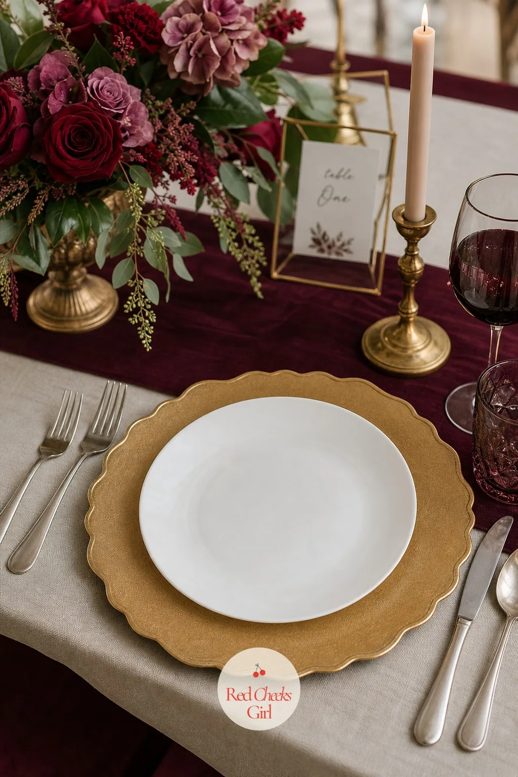 Gold Chargers at Every Place — A pale plate on a pale cloth disappears. Burgundy birthday party ideas
