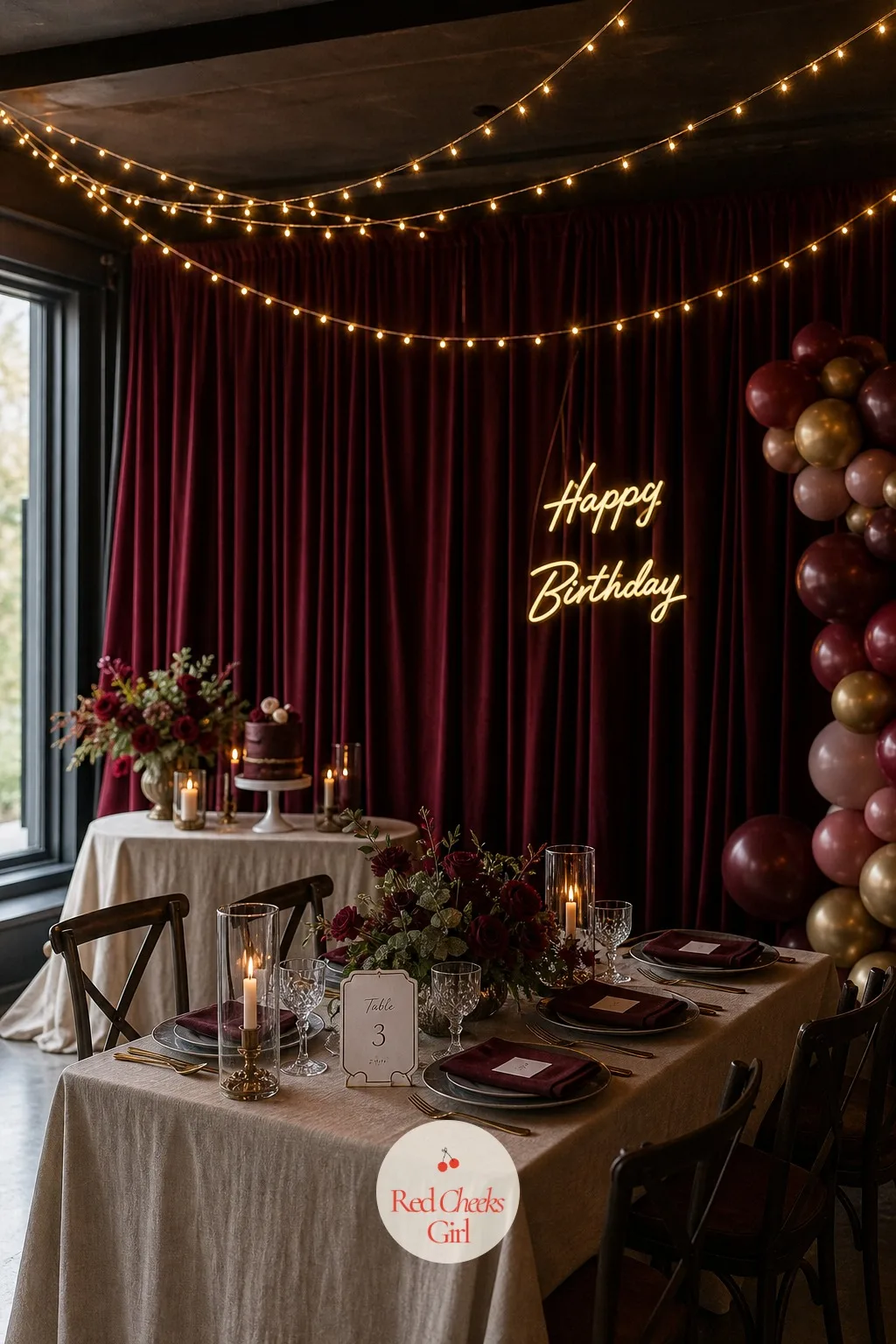 Gold Fairy Lights Looped Across the Ceiling — A dark room with only candlelight on the table can feel flat the moment guests look up. Burgundy birthday party