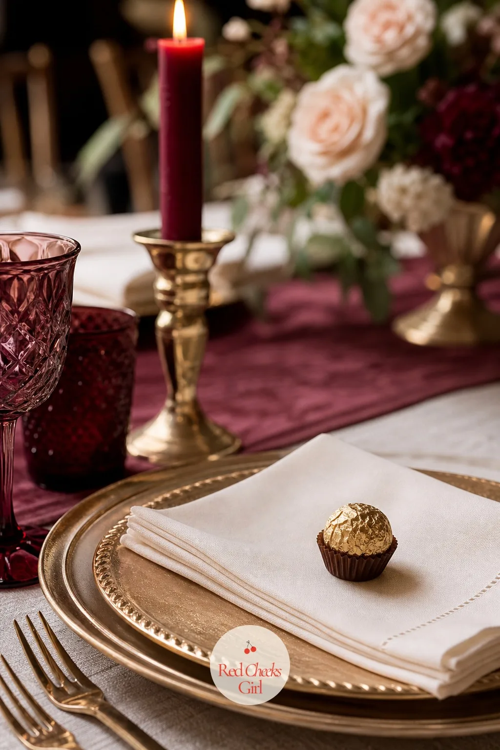 Gold-Foil Truffle Place Setting Favours — A single wrapped truffle set on each folded napkin does two jobs at once: it marks the place setting and sends every