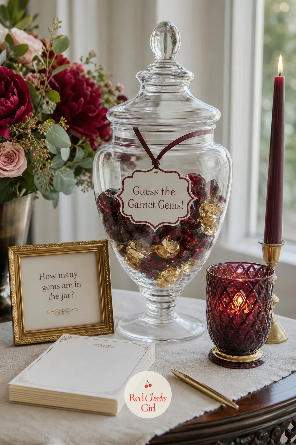 Guess the Garnet Gems Jar — Fill a tall glass apothecary jar with deep red and gold faceted glass beads or acrylic gems, seal the lid, and set it on a side