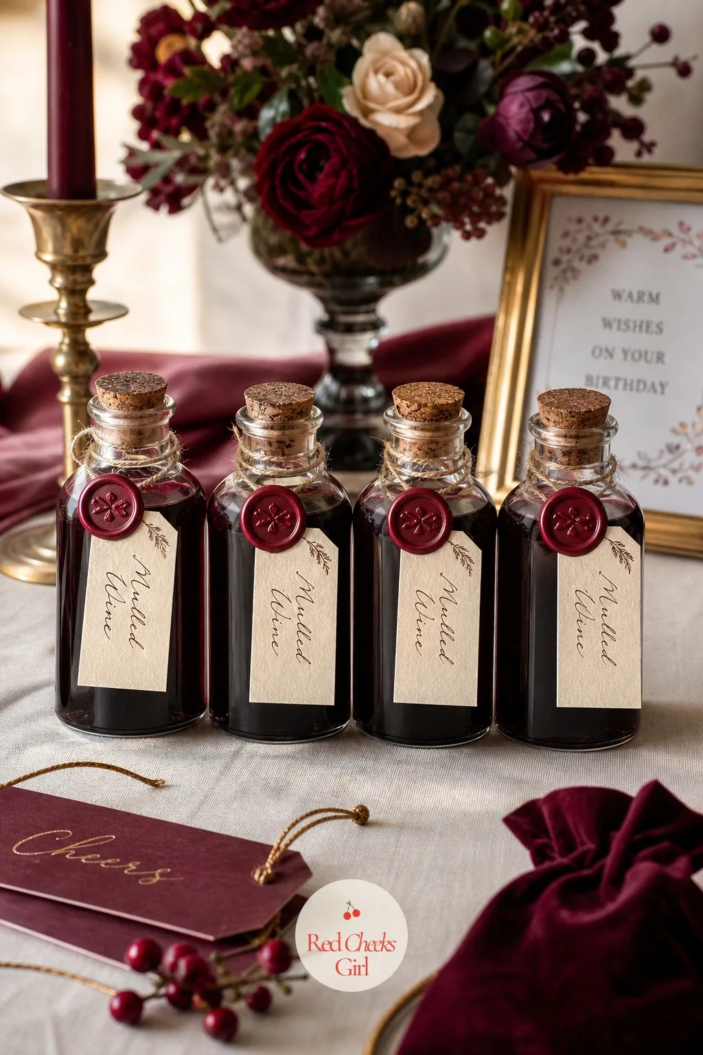 Mini Mulled Wine Bottles With Wax-Sealed Tags — A full-size bottle feels like too much to hand every guest on the way out; a mini bottle does not. Burgundy