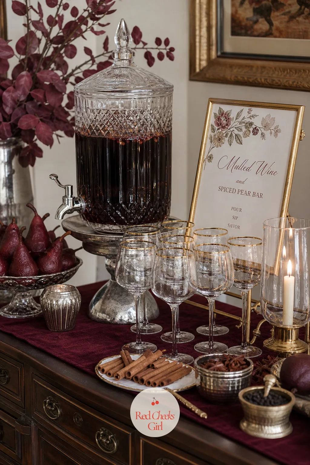 Mulled Wine and Spiced Pear Bar — A pitcher of something warm does more for a burgundy table than a full bar cart. Burgundy birthday party ideas