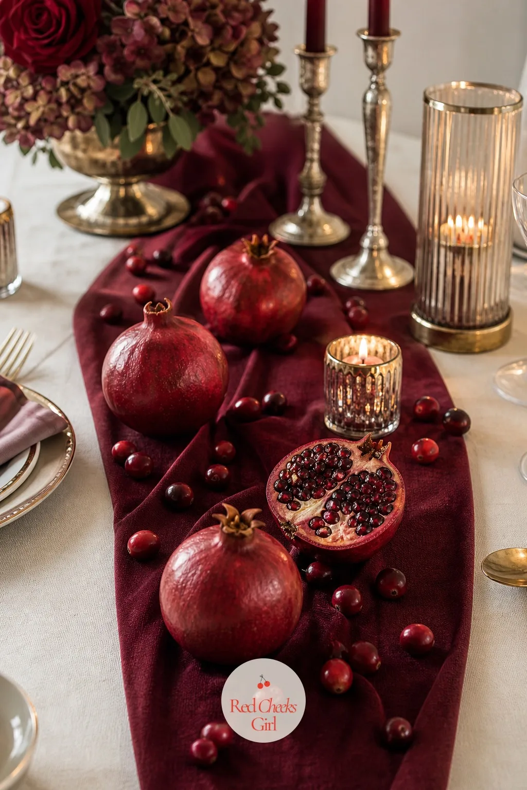 Pomegranates and Cranberries Scattered on the Runner — A styled table can still look stiff if every object sits exactly in line. Burgundy birthday party ideas