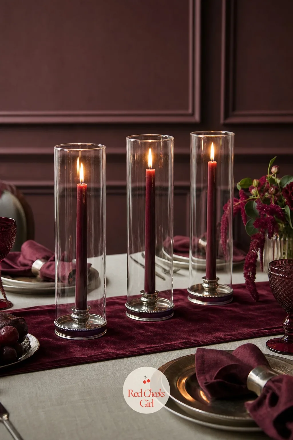 Taper Candles in Glass Cylinders — Overhead light does nothing for burgundy. Burgundy birthday party ideas