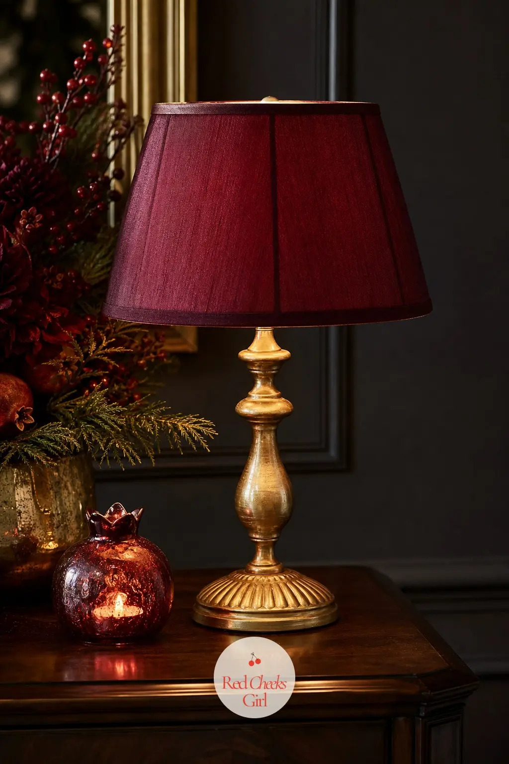 The Buffet Lamp, Shaded in Burgundy Silk — A single lamp on the buffet wears a burgundy silk shade over a gold base, left on low through dinner so the