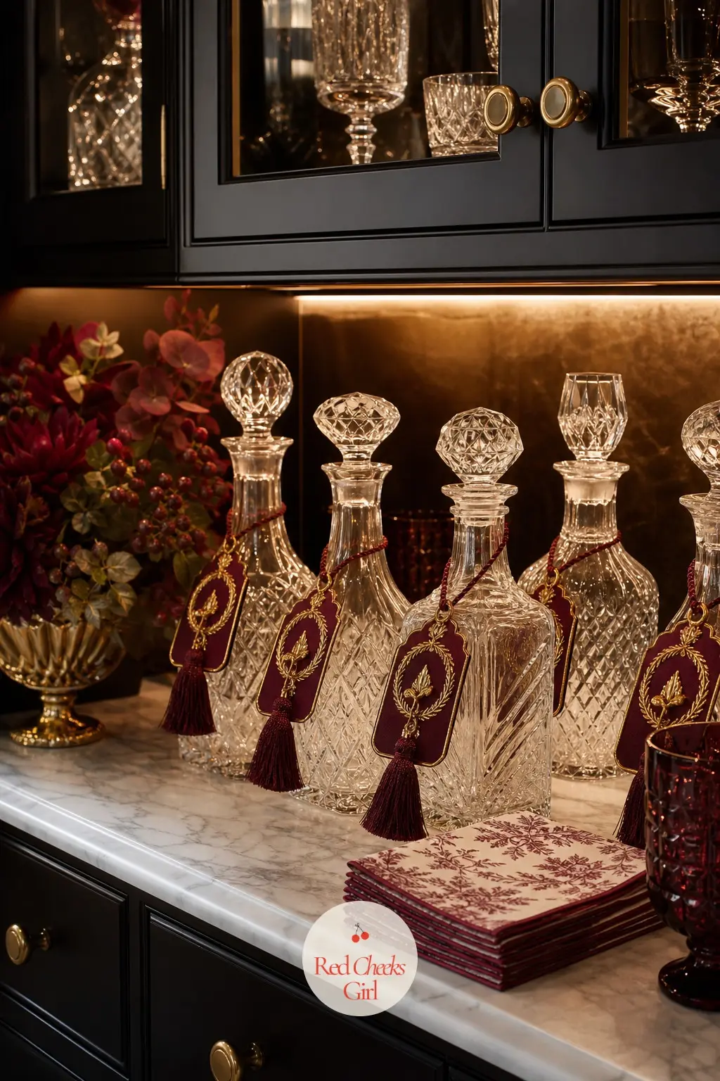 The Butler's Pantry, Lined With Decanters — Cut glass decanters stand along the pantry counter, each tagged in burgundy and gold, ready for the after-dinner