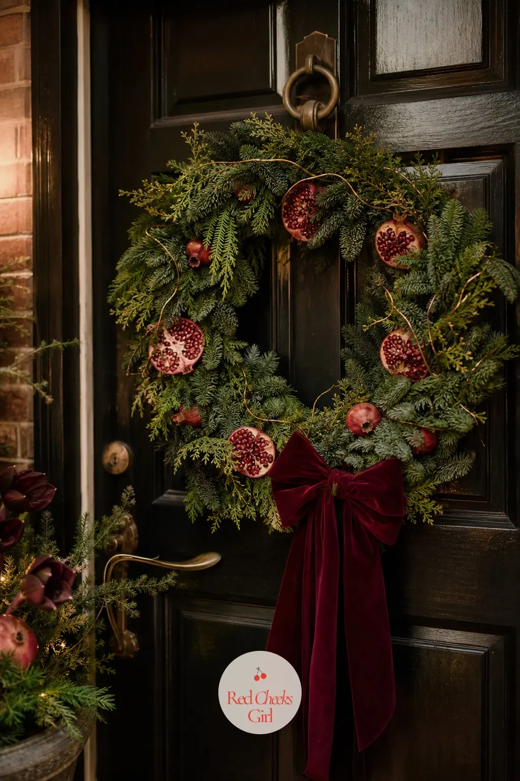 The Front Door, Hung With a Pomegranate Wreath — A noble fir and bottle green wreath carries halved pomegranates worked in with gold wire, the kind of door