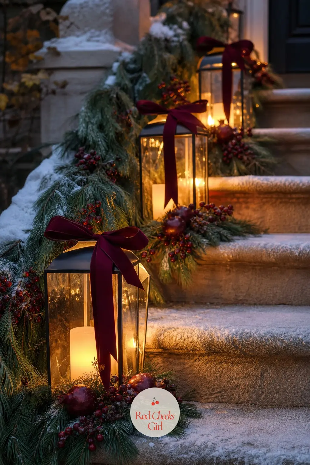 The Front Steps, Lit With Lantern Rows — Glass hurricane lanterns line each step, tied at the neck with burgundy velvet ribbon and set with flameless pillar