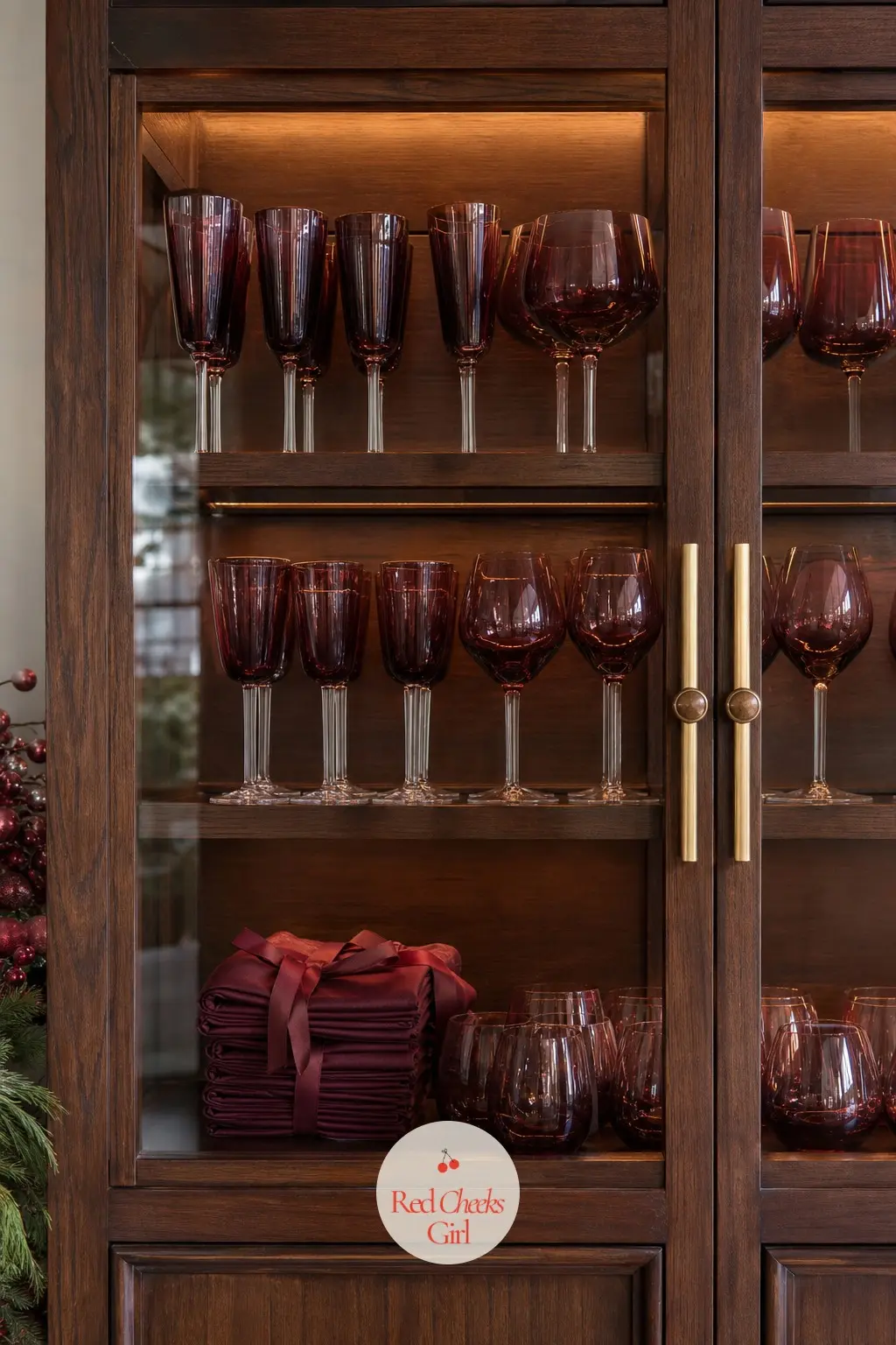 The Hutch, Filled With Stemmed Glass — Burgundy-tinted wine glasses line the shelves of the hutch, lit from inside so the colour glows rather than sits flat.