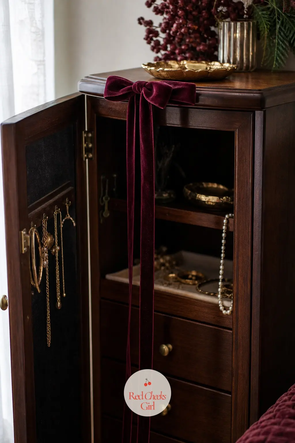 The Jewelry Armoire, Trimmed With a Velvet Ribbon — A length of burgundy velvet ribbon trims the edge of the armoire door, with a small sachet scented like