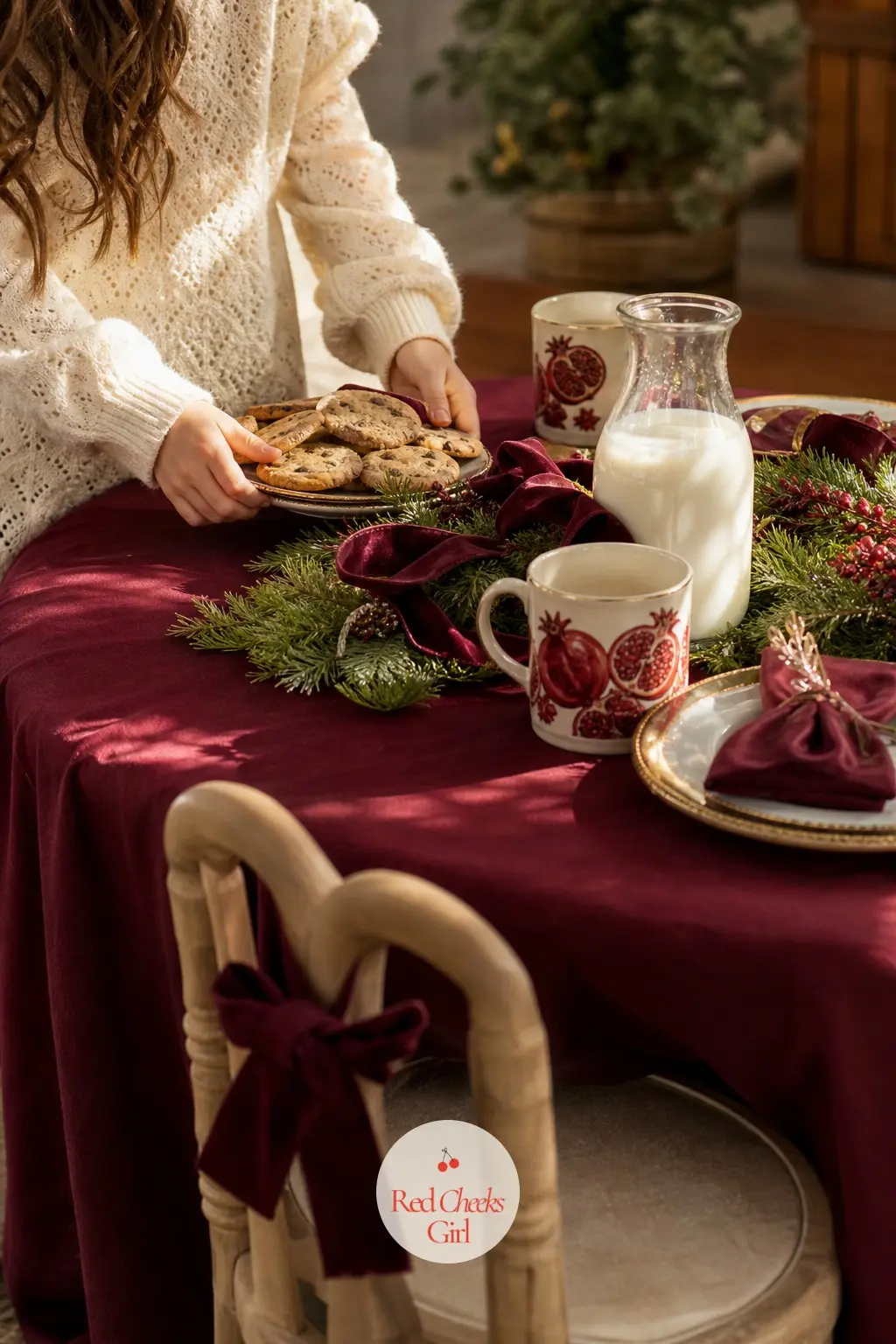 The Kids' Table, Set for Milk and Cookies — A low table gets its own burgundy cloth, sized down from the grown-up version, with mismatched gold-rimmed plates