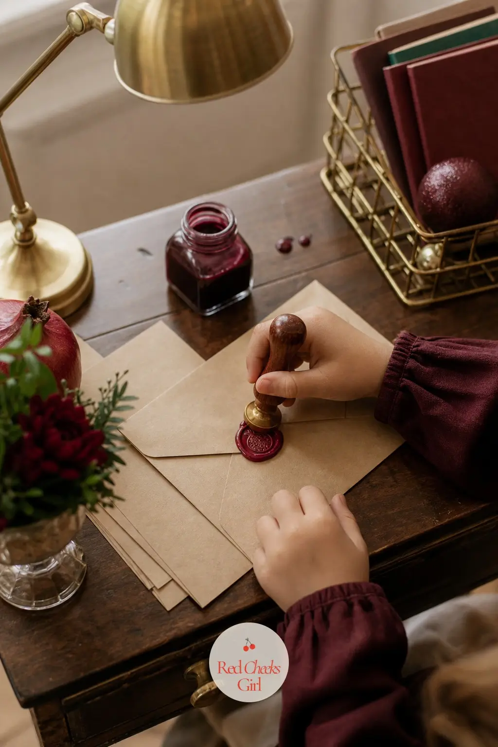 The Letter-Writing Desk, Set for Notes to Santa — A small desk holds kraft stationery, a pot of burgundy ink and a wax seal stamped with a pomegranate, so